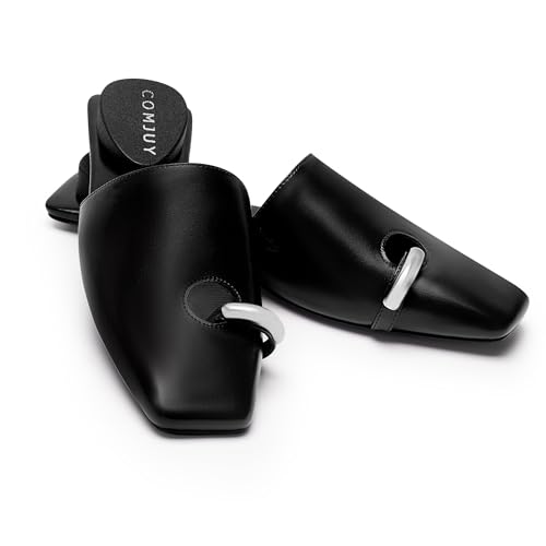 Square Toe Mule Sandals for Women Slip On Kitten Heels with Inverted Heel Cushioned Footbed Toe Ring Clog Slides Low Heel Faux Leather3