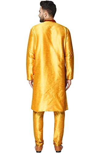 Image of SKAVIJ Men's Art Silk Embroidered Kurta Pajama Set Woven Design Festive Party Dress (KP027gold Gold M)