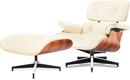 Image of Top Cream White Grain Leather, Mid Century Chaise Lounge Chair and Ottoman, Modern Chair Classic Design, Palisander Wood, Heavy Duty Base Support for Living Room Office