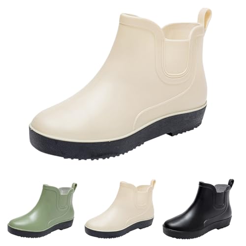 Generisch Botas de lluvia para mujer de caña corta - Botines de lluvia para mujer, impermeables, negras, de piel, planas, elegantes, para jardín, exteriores, botas cortas, cómodas botas de goma, Negro