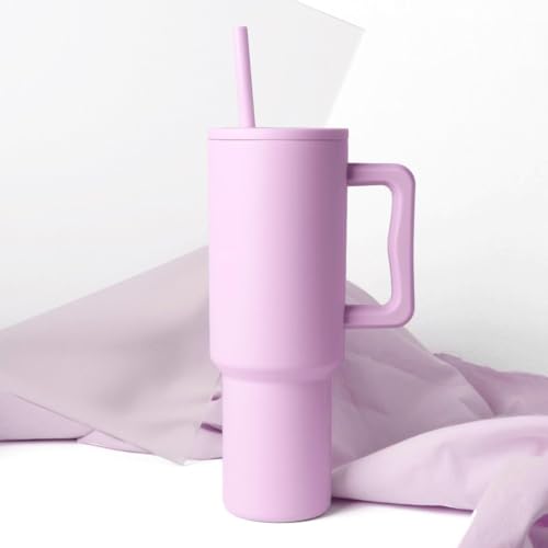 Image of 1200ml Stainless Steel Tumbler with Handle, Lid & Straw, Double Wall Insulated Travel Mug for Hot & Cold Drinks, Leakproof Large Capacity Cup for Office, Gym & Car Holder (Purple)
