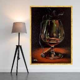 Toile nature morte verre à cognac et cigare, tableau vintage chic