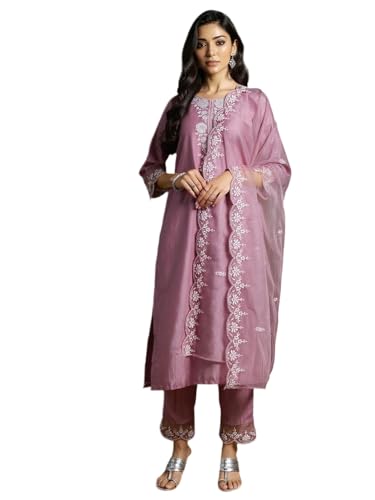 Image of INDO ERA Women's Silk Blend Embroidered Straight Kurta & Pant with Dupatta Set (KH9MU7820)