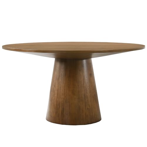 Image of Terra 59 inch Transitional Round Dining Table with Pedestal Base, Walnut | Engineered Wood, Smooth Finish, Mid-Century Modern Pedestal Base, 1 inch Thick Tabletop, Seats 4