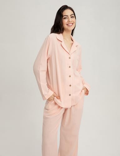 Image of Womens Muslin Pajama Set 100% Cotton Double Gauze Linen Like | Breathable Soft Comfort Button Up Loungewear Sleepwear PJ Set