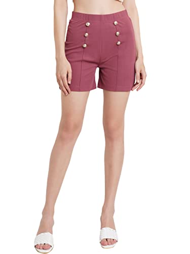 Image of POPWINGS Casual Solid Mid-Rise Button Shorts for Women || Shorts for Women Stylish || Pull-On Women Shorts || Summer Wear Shorts for Women