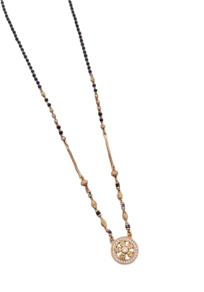 Traditional Floral Circular American Diamond Gold Plated Mangalsutra Necklace Circular Pendant Traditional Indian Wedding Jewelry Elegant Ethnic Chain for Women Gold Plated Black Bead Mangalsutra