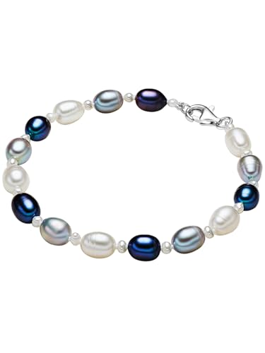 Valero Pearls Damen-Armband Hochwertige Süßwasser-Zuchtperlen ca. 4-6 mm Oval weiß/hellgrau/pfauenblau 925 Sterling Silber Perlenarmband