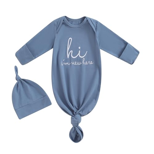 Image of Newborn Boy Girl Coming Home Outfit Baby Infant Sleeper Gown Nightgown Outfits Cute Fall Winter Pajamas and Hat