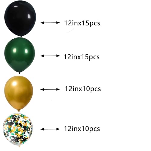 Image of We Moment 12 Inch Black Balloons Dark Green Balloons And Chrome Metallic Gold Balloon with Confetti Balloons,for Baby Shower Green, Black and Gold Forest Party Decorations Pack of 50