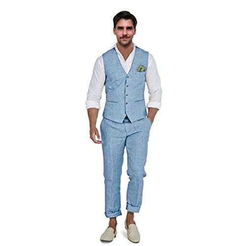 Herren Leinenanzüge 2-teilig Slim Fit Anzug Abschlussball Smoking Strand Hochzeit Trauzeugen Weste & Hose Set Casual Sommer Leinen Outfit, blau, M