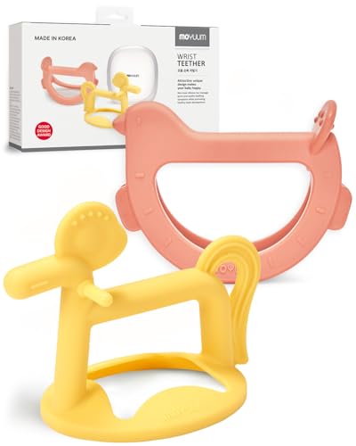Image of MOYUUM Wrist Teether Gift Set 100% Silicone, Wearable Type Baby Chew Toy Baby Gift for Newborn, Roly Poly Toy, Silicone Teething Toys for Infant and Toddler, Bracelet Type (Bird Orange, Pony Yellow)