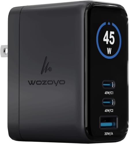 45W Smart LED Wozoyo GaN Charger, 2XType-C & USB-A Superfast 2.0 Charging, Compatible For iPhone 17/16/16 Pro Max/15 Series/iPad Pro, Smartphones, Tablets And More, PD/PPS/QC 3.0,Compact Foldable Plug