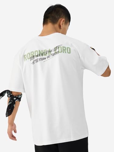 Image of The Souled Store Official One Piece: Roronoa Zoro Men and Boys Short Sleeve Round Neck White Graphic Printed Cotton Oversized T-Shirts