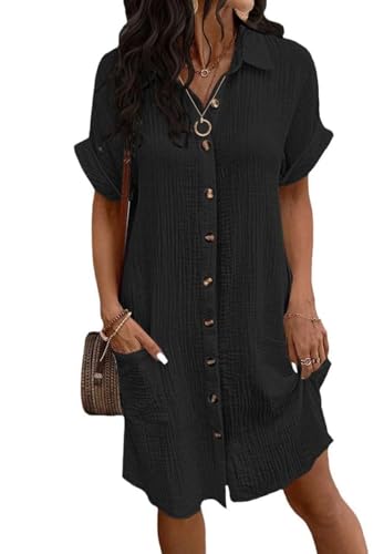 Yutdeng Vestido Lino Mujer Verano Casual Vestidos Cortos Manga Corta Vestido Camiseta Algodon con Bolsillos Sueltos Vestidos Playeros Vestidos de Verano Cardigan Blusa con Botones,Negro,L