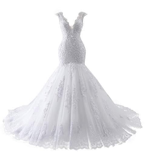 ChongXiao Low V Neck Wedding Dresses for Bride 2021 Lace Applique Beaded Backless Lace Mermaid Bridal Gowns for Women White 16