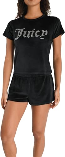 Image of Juicy Couture Women's 2 Piece Velvet Fleece Short Sleeve Shirt and Pajama Shorts Lounge Sleepwear Set