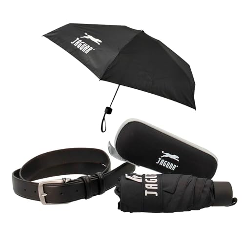 Photo de JAGUAR Coffret cadeau, ceinture en cuir et parapluie compact noir avec étui, coffret cadeau élégant