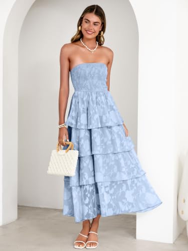 Image of Simplee Womens Summer Strapless Maxi Dress 2026 Boho Floral Off Shoulder Wedding Guest Dresses Tiered Beach Long Sundress