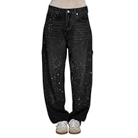 Jeans Donna con Strass Y2k LeggeriLoose Hosen Baggy Streetwear Ragazza Teenager Jeans con Tasche Jeggings Harajuku Trousers in Denim Vita Alta Jean Strada Stile Pantaloni Oversize Glitter I Pantaloni