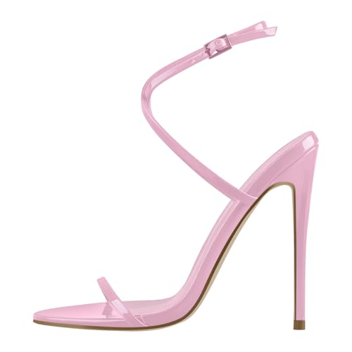 Image of Strappy High Stiletto Heels, Ankle Strap Buckle Heeled Womens Sandals, Sexy Comfort Open Round Toe Heels for Daily Party Dress