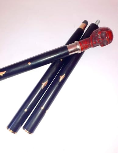 Canne en bois noir haut de gamme et son pommeau tête de mort rouge sculpté