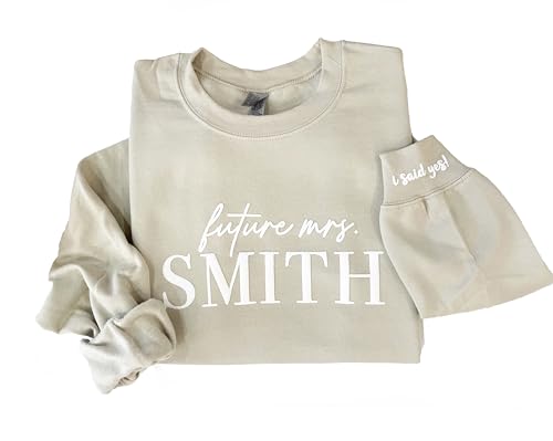 Up2ournecksinfabric Embossed Mrs Sweatshirt - Custom Mrs Sweatshirt - New Mrs - Future Mrs - Wedding Gift - Future Mrs. Gift - I Said Yes Sweater - Engagement Gift - Newly Engaged Sand