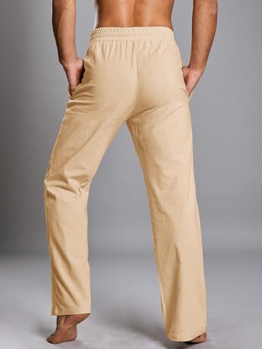 Image of PASLTER Mens Cotton Linen Pants Casual Summer Beach Pants Dress Trousers | Loose Fit, Elastic Drawstring Waist, Lightweight, Straight-Legs, Slacks, Yoga, Work, Vacation, Quick Dry