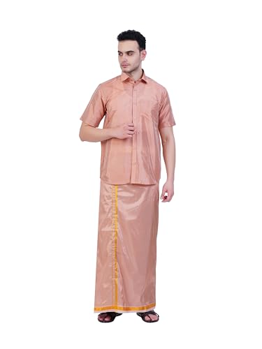 Prakasam Cotton-Mens Art Silk Wedding Set/Art Silk 8 Mulam (8-Yard) Dhoti And Stitched Half Sleeve Shirt