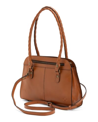 Image of Patricia Nash Calvi Leather Satchel with Crossbody Strap, Cognac Tooled, 12.5 x 9.5 Inches, Twisted Rope Handles