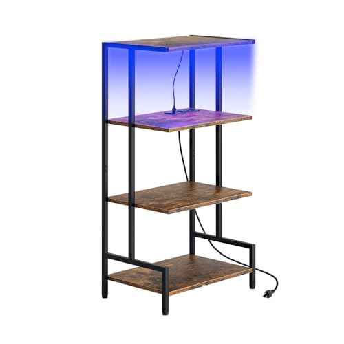 4-Tier AV Media Stand with Power Strips,Wooden TV Stand Shelf with LED Lights,Stereo Stand Cabinet for Small Space,Audio Rack Stand Tower Ideal for Video GameDVD Players,Xbox