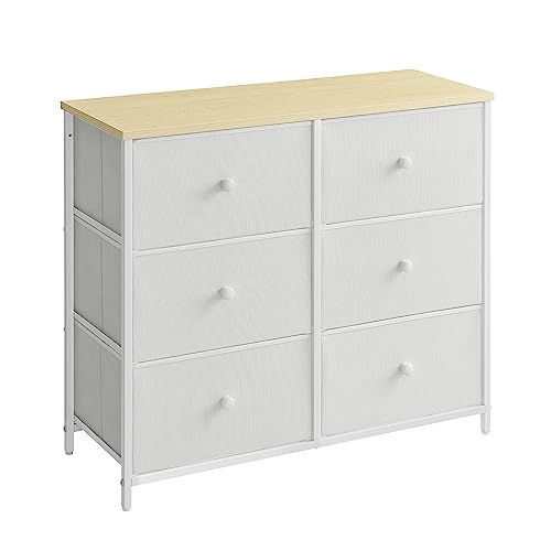 SONGMICS Commode, Meuble de Rangement avec 6 Tiroirs en Tissu, Meuble à Tiroirs avec Cadre Métallique, Plateau, pour Chambre, Dressing, Blanc Crème et Couleur Chêne LTS323W57