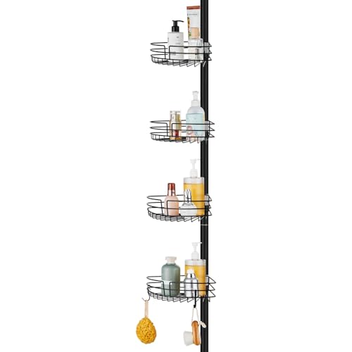 AWIYTE Telescópica Estanteria Ducha con 4 Cestas, Esquina Estante Ducha sin Taladro Estantería Baño Altura Ajustable 85-325cm, Antióxido Estantería Ducha Metálico para Bañera y Baño, Negro