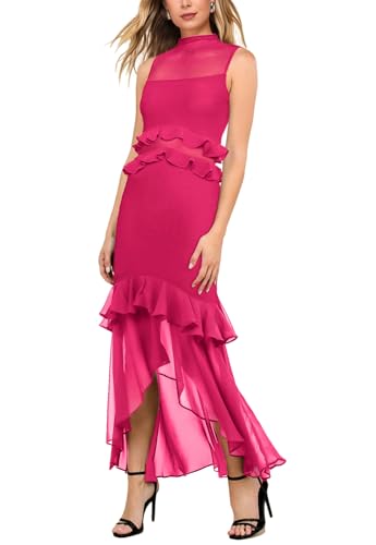 Image of Aisbei Women's Elegant Bodycon Maxi Dress Mock Neck Sleeveless Mesh Ruffle Dress Party Cocktail Formal Wedding Guest Dresses