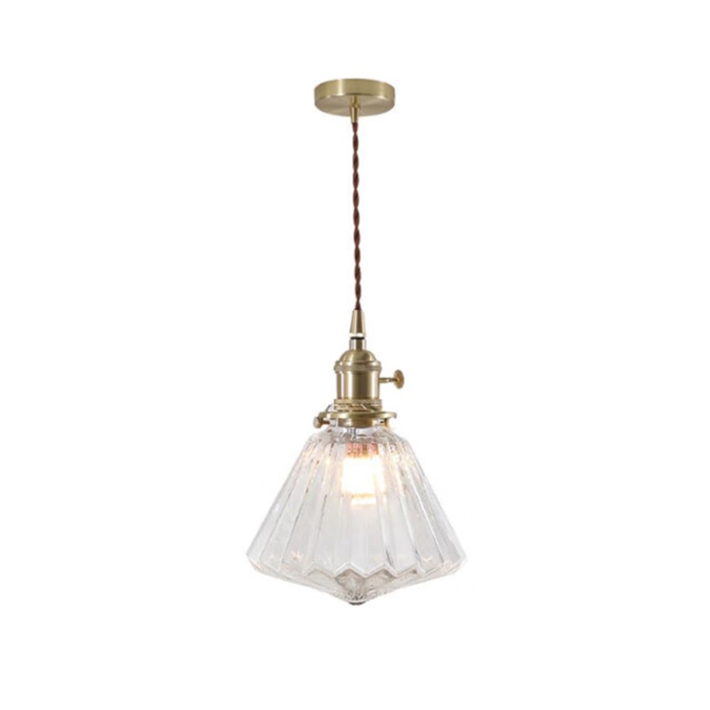 ITOSUI French Retro Glass Pendant Light Ribbed Hanging Lamp for Kitchen Island 7.1-Inch Brass Metal Ceiling Fixture Bedside Bar Dining Room 1-Light E26 78.7" Adjustable Cord