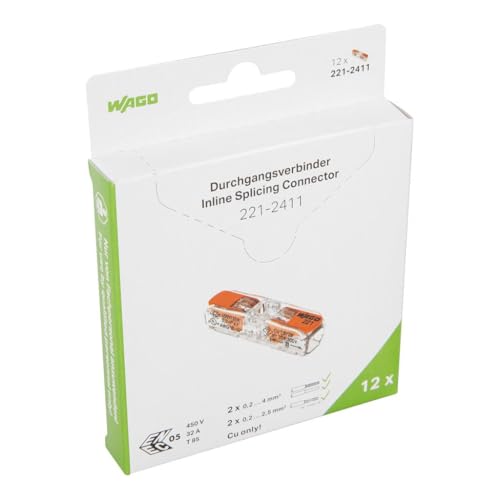 Image of WAGO 221-2411 | Inline Electrical Wire Connector | Pack of 12 | Easy-to-Use, Tool-Free, Compact - For Home, DIY & Electrical Projects - 2-Conductor