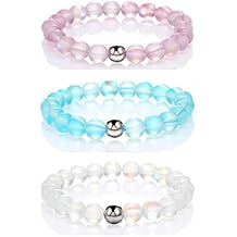 3 Pcs Round Mystic Mermaid Glass Beaded Stretch Bracelet Handmade 8mm Matte Beads Elastic Bracelet Wristband with Love Charm Beaded Valentines Bracelet for Women Jewelry