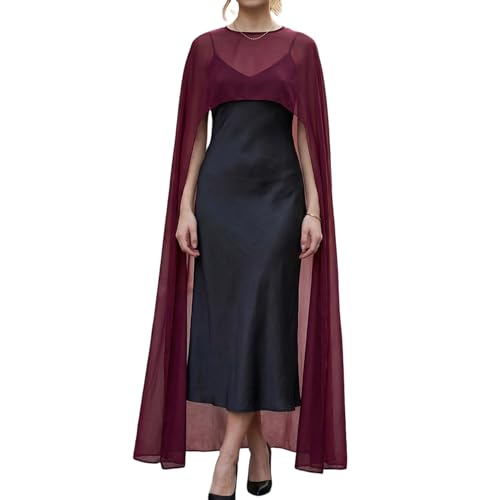 Qmlyev Mesh Sheer Crewneck Shawls and Wraps for Women Evening Dresses Chiffon Long Capes Wedding Cover Up (Burgundy One Size)