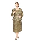 Geenlinm FASHlON Women's Dress Church Suits Elegant Jacquard Dress Button Front Jacket Set Short Midi Skirt Outfits Fashion Work Jacket with Waist Belt for Cocktail Wedding Party Gold