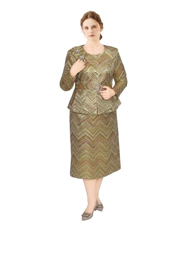 Geenlinm FASHlON Women's Dress Church Suits Elegant Jacquard Dress Button Front Jacket Set Short Midi Skirt Outfits Fashion Work Jacket with Waist Belt for Cocktail Wedding Party Gold