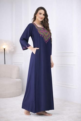 Image of Lissybissy Cotton Women Gown - Free Size with Side Pocket | Embroidery Full Sleeve Sleepwear | Loose Fit, Breathable, Comfortable & Soft Fabric Night Dress | Ideal for Gifting