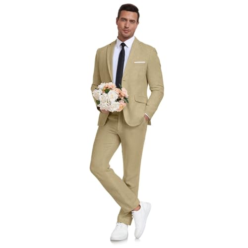Aowdoy Herren Leinenanzug 2-teilig Slim Fit Sommer Strand Hochzeit Kleid Smoking Abschlussball Anzug Blazer Jacke und Hose, Khaki, M