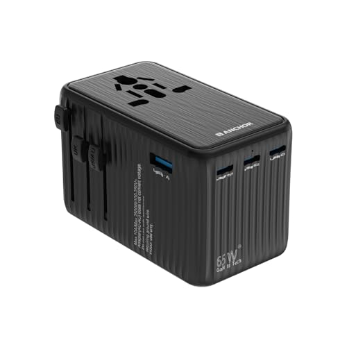 Image of Anchor by Panasonic 65W International Travel Adapter, Universal Travel Adapter All in One for EU, UK, US and AU with 1 USB and 3 Type C Ports, 65W Travel Accessories with GaN Fast Charging