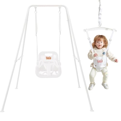 Image of FUNLIO 2 in 1 Swing Set for Toddler & Baby Jumper, Heavy Duty Kids Swing & Bouncer with 4 Sandbags, Foldable Metal Stand for Indoor/Outdoor Play, Easy to Assemble and Store - White