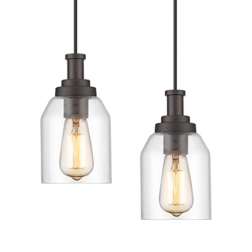 Image of zeyu 2 Pack Farmhouse Pendant Light Fixtures, Industrial Hanging Light for Kitchen Island, Clear Glass Shade, Oil Rubbed Bronze Finish, ZG33M1L-2 ORB