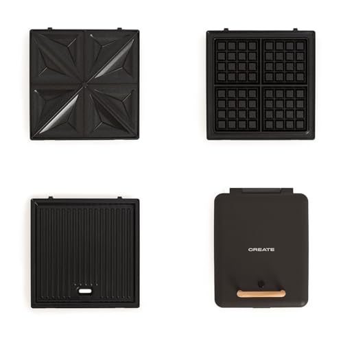 CREATE/STONE STUDIO/Sandwichera grill y gofrera cuádruple negro / 3 placas intercambiables: Grill, Gofre y Sandwich, antiadherente, apertura 180º, 4 rebanadas, autoapagado, retro, 1600W