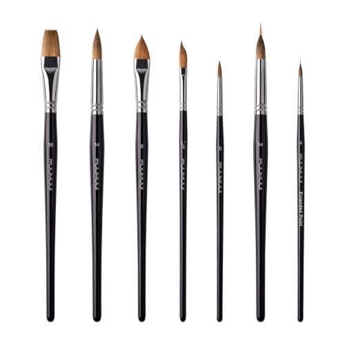 Image of Watercolor Brush Set, Fuumuui 7pcs Professional Sable Paint Brushes with Extended Needle, Round Point, Flat, Dagger, Cat's Tongue for Watercolor, Acrylic, Gouache - Detail & Wash Painting