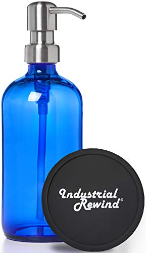 Industrial Rewind Cobalt Blue Soap Dispenser with Stainless Metal Pump - Blue 16oz Glass Lotion Bottle