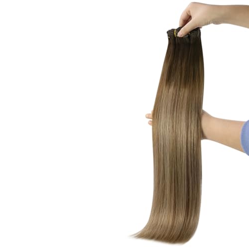 Image of YoungSee 135g Clip in Hair Extensions Brown Human Hair Clip in Extensions Dark Brown Mix Light and Ash Brown Real Human Hair Extension Clip ins for Women 16inch
