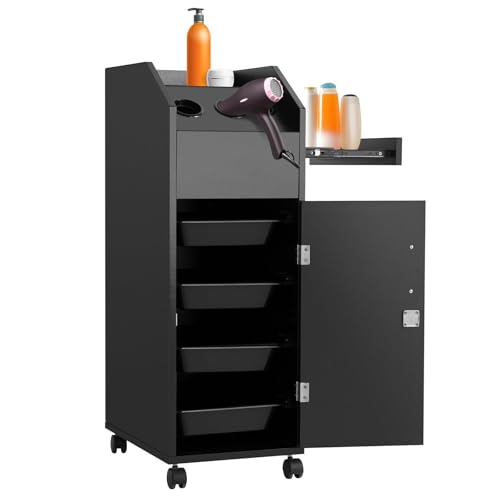 عربة صالون تجميل متحركة من كالولاري، عربة تخزين لصالون الشعر مع عجلات وصناديق قابلة للقفل وحامل مجفف الشعر وصينية جانبية لصالون الحلاقة والتاتو ومحطة تصفيف الشعر، باللون الأسود